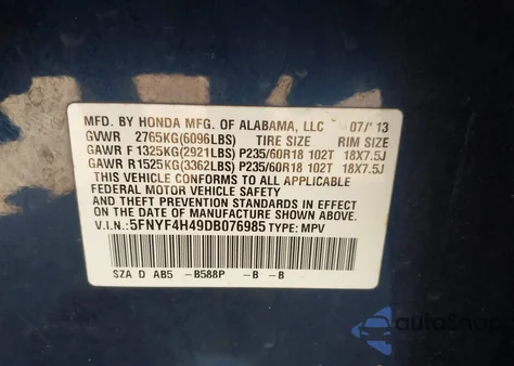 2013 Honda Pilot Ex z USA, uszkodzony, nr VIN 5FNYF4H49DB076985